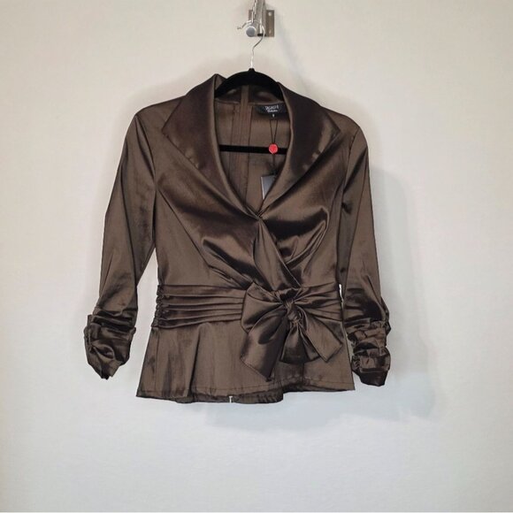 Tadashi Collection Chocolate Brown NWT Satin Blouse Sz 8 Ruched Cuffs Bow Detail - Picture 7 of 10